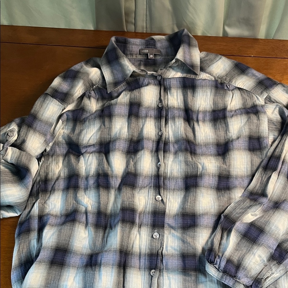 Vince womens Blue white black Checkered Shirt with optional roll tab Sleeve XS
